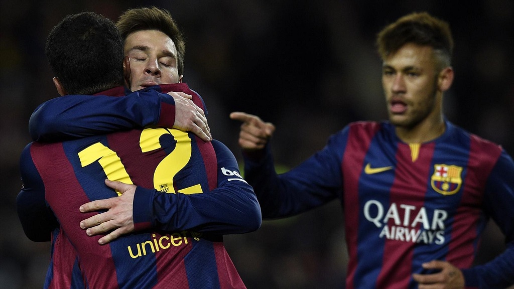 Messi, Rafinha y Neymar celebrando un gol